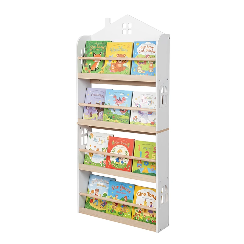 Relaxdays Kids' House-Shaped Wall Bookshelf, 4 Compartments, White/Natural, 130x60x15 cm
