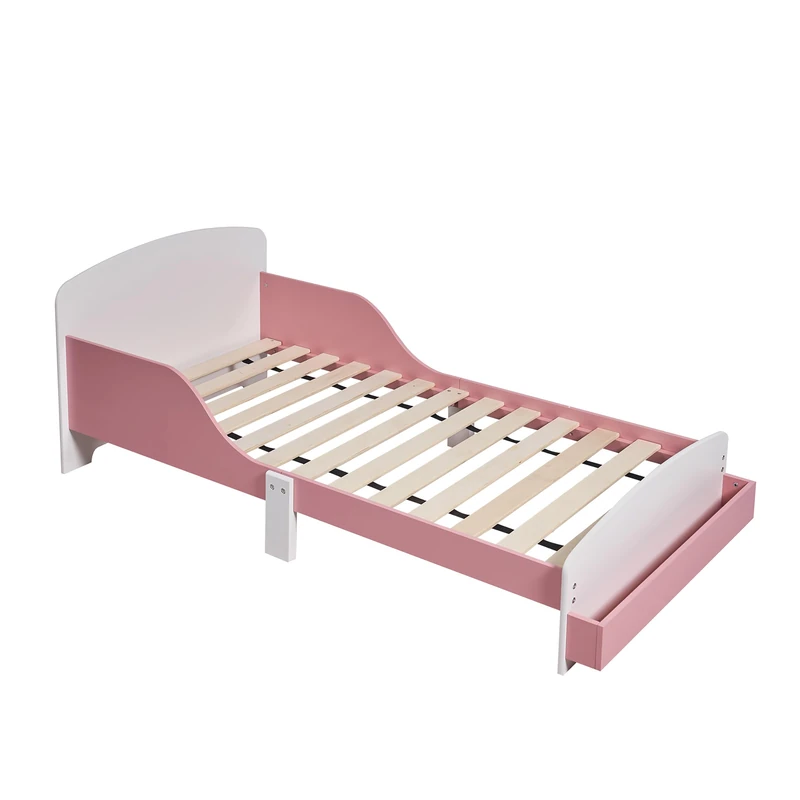 Relaxdays Toddler Bed with Safety Rails, Storage Shelf, Slatted Base, MDF, 70x140 cm, Pink/White - Image 1