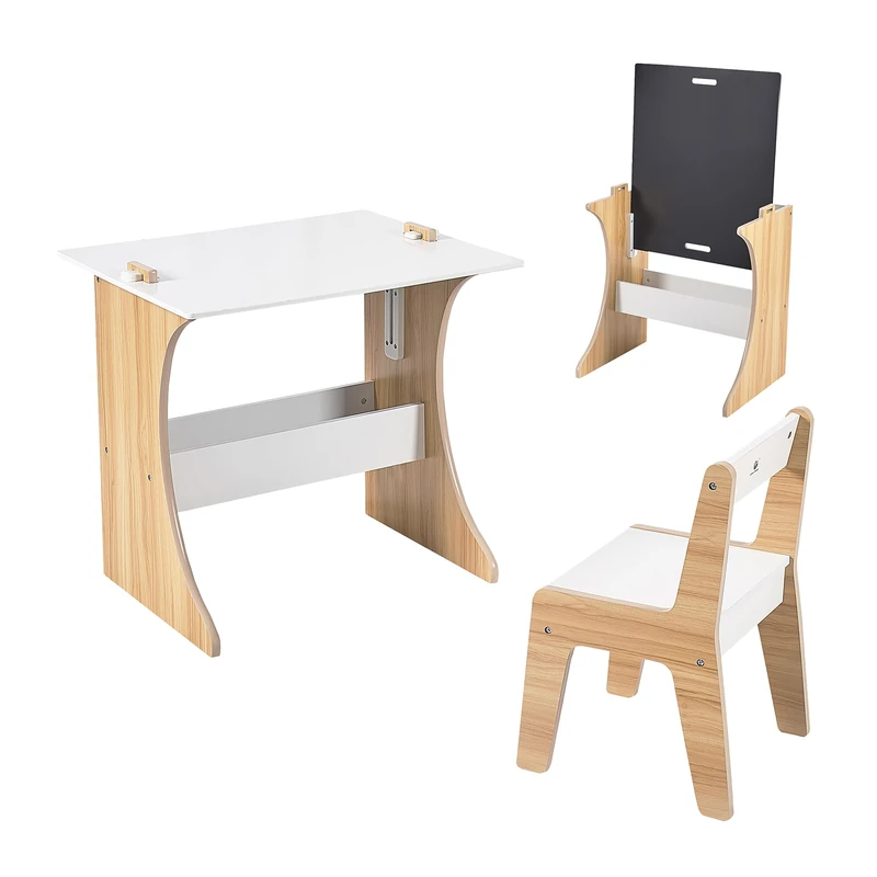 Relaxdays Children's 2-Piece Table & Chair Set with Chalkboard Top, Art Table, 56x60x50 cm, White/Natural