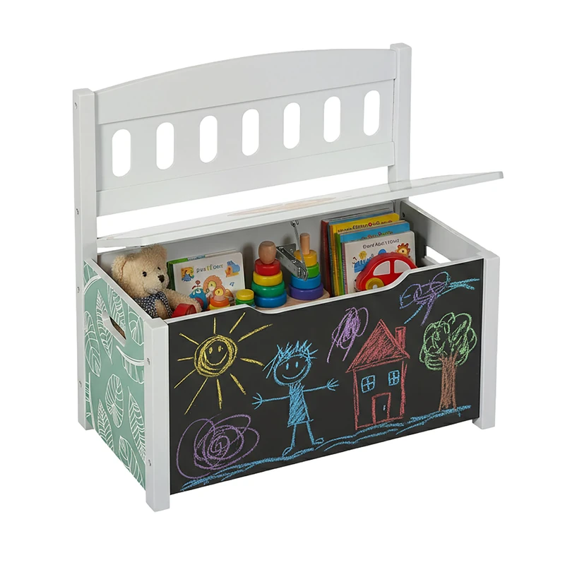 Relaxdays Children's Storage Bench with Blackboard, Lion Motif, Backrest, Toy Box, 55.5x57x30 cm, Colorful