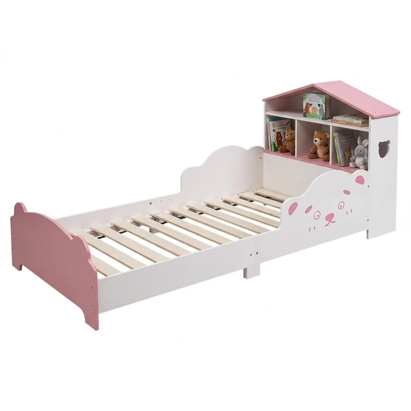 Relaxdays Toddler Bed with House Shelf, Guard Rails & Bear Design, 70x140 cm, White/Pink