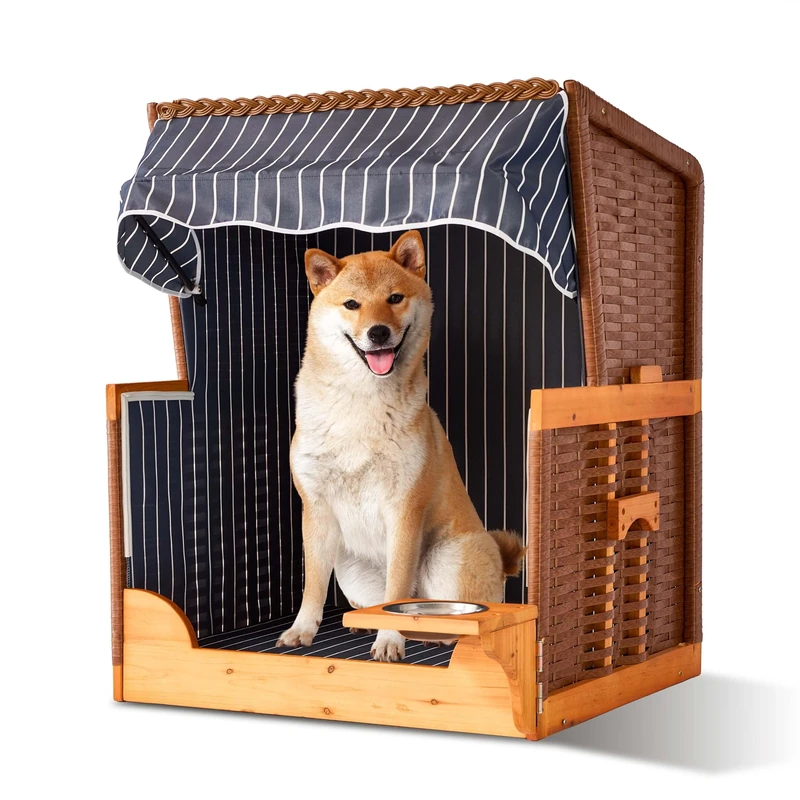 Relaxdays Dog Beach Chair with Rattan, Canopy, Bowl, Pine Wood, Dark Blue, 95x75x65 cm for Garden & Patio