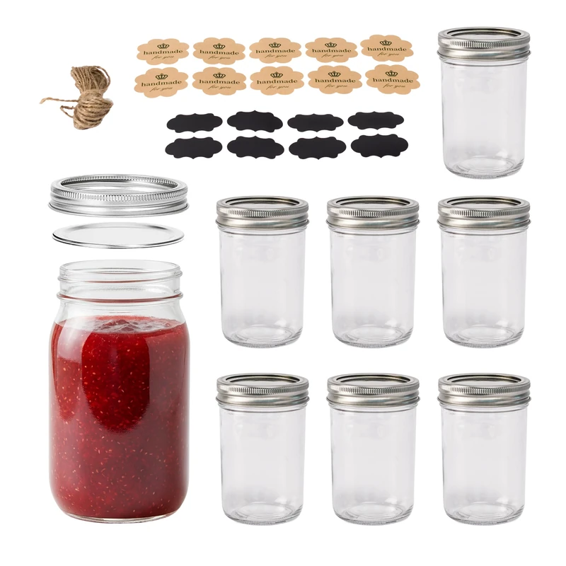 Relaxdays 8pcs Preserving Jars, 500ml, Airtight, Transparent/Silver, with Lids, Labels & String, 12x7x7cm