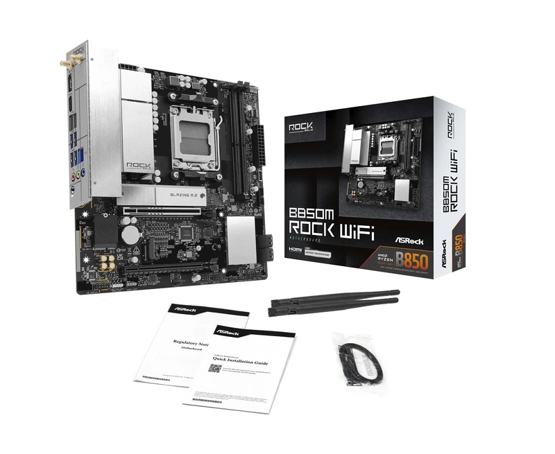 ASRock B850M Rock WiFi Socket AM5 Micro-ATX Motherboard, Support AMD Ryzen 9000/8000/7000 Series, DDR5 8200+ (OC), PCIe 5.0, WiFi 6E, 2.5G LAN B850