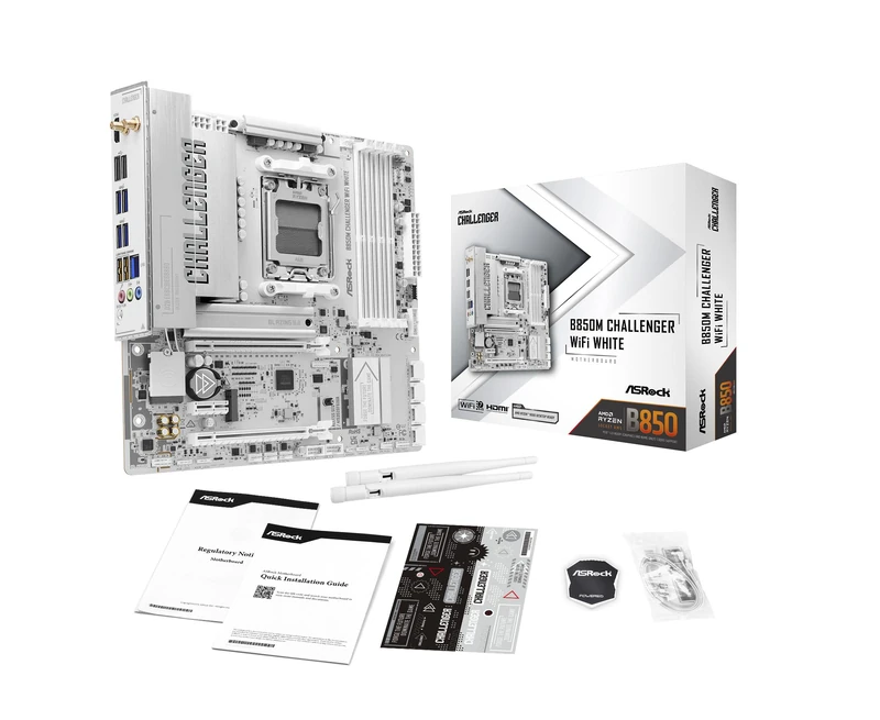ASRock B850M Challenger WiFi White Socket AM5 Micro-ATX Motherboard, Support AMD Ryzen 9000/8000/7000 Series, B850, DDR5 8000+(OC), PCIe 5.0, WiFi 7, 2.5G LAN, Gaming Lightning Ports