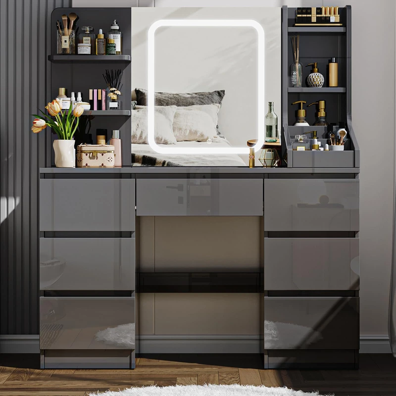 TRIUMPHKEY Grey High Gloss Dressing Table, Vanity Desk with LED Mirror