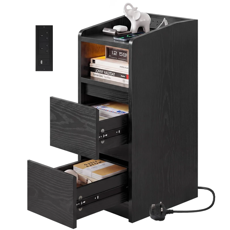 IRONCK Bedside Table with Charging Station, Narrow Nightstand, Black