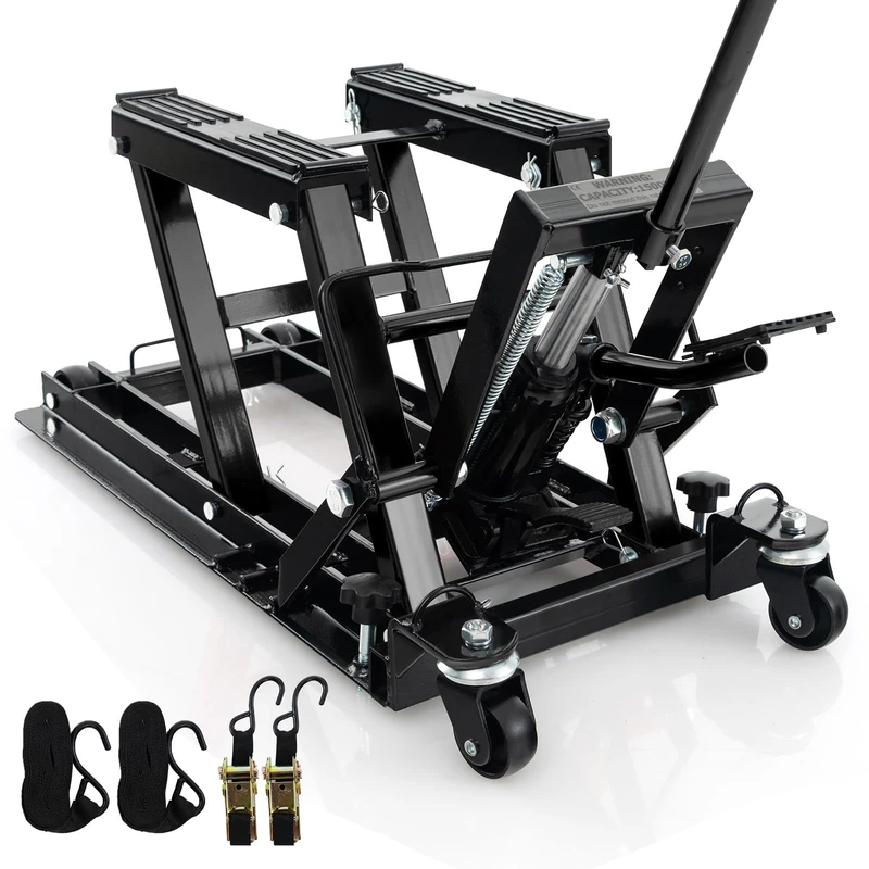 HOMFME 680 kg Hydraulic Motorcycle Lift Jack, Motorbike Lifting Stand with 3-Level Height Adjustable Platform, Wheels, Heavy Duty Motorcycle Jack Lift Table Hoist Stand for ATV UTV Quad (Black)