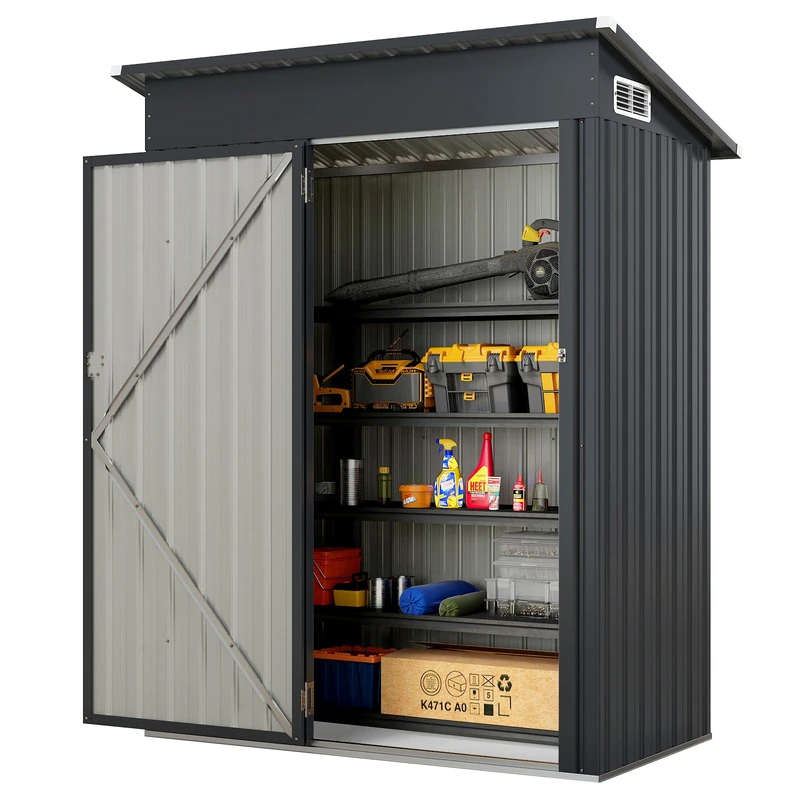 FANTASK Metal Garden Shed, 150 x 90.5 x 185 cm/1.5 m³, Garden Cabinet with Lock with Roof and Door, Shed for Outdoor Tools, Garden Shed (Dark Grey) - Image 1