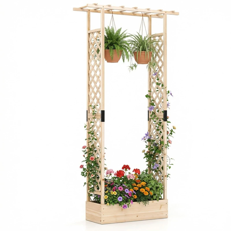 FANTASK Flower Box with Trellis, 110 x 35 x 227 cm, Raised Bed with Trellis for Climbing Plants & Hanging Baskets, Planter with Hanging Roof, Plant Pot for Garden, Yard, Patio (Natural) - Image 1