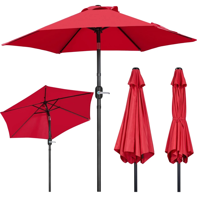 Yaheetech 2.3M Tilting Parasol Umbrella Outdoor Sun Shade with Crank Handle & Metal Ribs for Patio, Garden, Balcony, Pool and Beach - Red