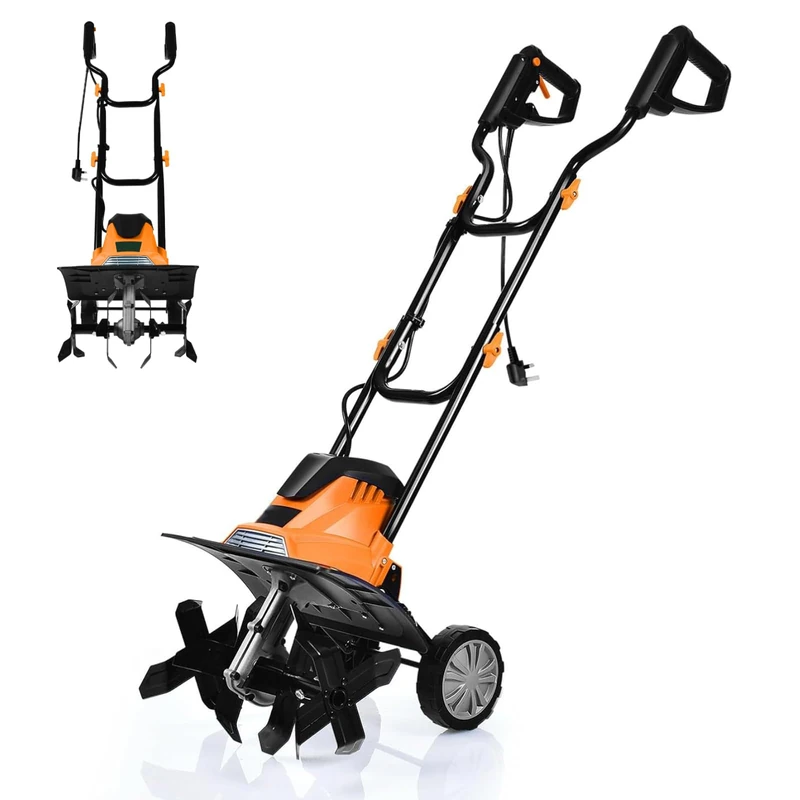 GiantexUK 1200W/1500W Electric Tiller, Lawn Soil Scarifier with 4/6 Blades, Adjustable Wheels & Foldable Handle, Lightweight Garden Cultivator Rotovator Rototiller (35cm Cutting Width, Orange+Black)