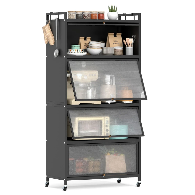 GiantexUK Kitchen Storage Cabinet, Rolling Pantry Cupboard with Flip-Up Doors & Wheels, Freestanding Bakers Rack Metal Storage Shelf for Living Dining Room (Black)