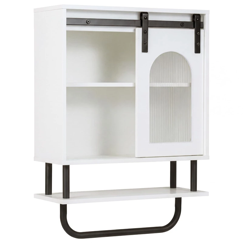 RELAX4LIFE Wall Mounted Bathroom Cabinet, Over The Toilet Storage with Sliding Fluted Door, Open Shelves and Metal Hanging Rod, Wooden Cupboard and Organizer Unit for Living Room (White)