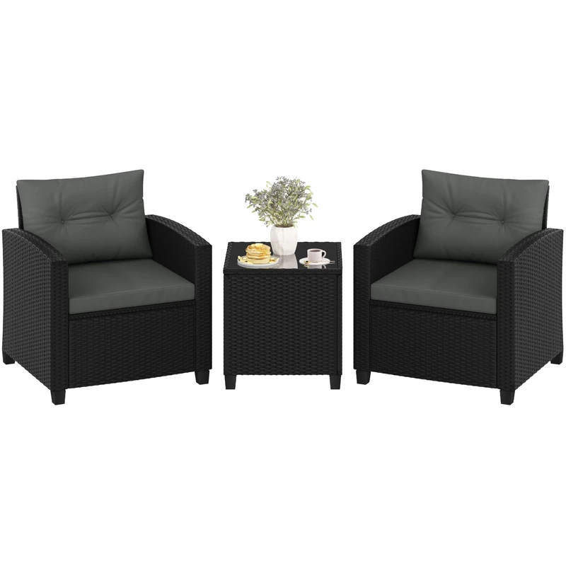 Yaheetech 3-Pieces Wicker Patio Bistro Sofa Set, Outdoor Rattan Coffee Table & 2 Chairs with Cushions & Pillows for Deck, Balcony, Porch, Black & Grey