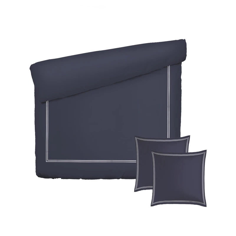 Pure Cotton 3-Piece Double Bedding Set – Duvet Cover 260 x 240 cm and 2 Pillowcases 63 x 63 cm – 100% Cotton Satin, 80 Thread Count – Oeko-TEX Certified – Calanques – White and Dark Blue