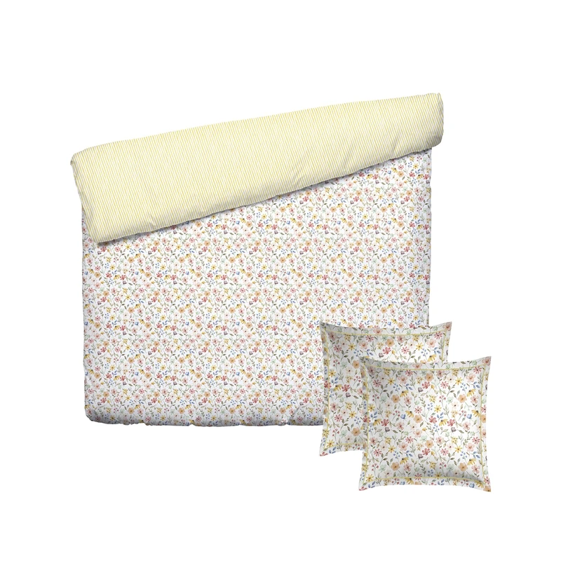 Pure Cotton 3-Piece Double Bed Linen Set – Duvet Cover 200 x 220 cm and 2 Pillowcases 80 x 80 cm – 100% Cotton Satin, 80 Thread Count – Oeko-TEX Certified – August Bouquet – Yellow