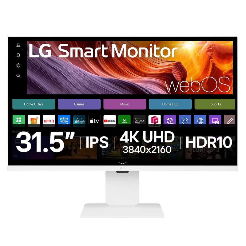 LG SMART Monitor 32U850SA-W, 4K UHD IPS 32 inch, 60Hz, 5ms GtG, HDR10, Wi-Fi, Bluetooth, Airplay, webOS smart apps with remote, Webcam, Built-in speakers, HDMI, USB-C (90W PD), White