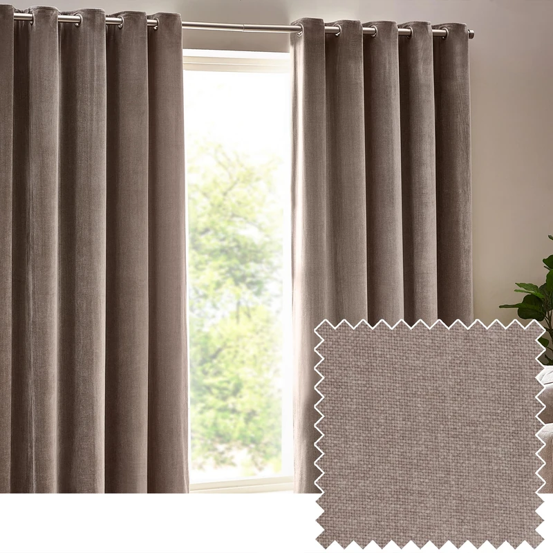 furn. Yard Heavy Chenille Blackout Eyelet Curtain Pair – Lined Light Blocking Soft Velvet Curtains (Greige - Width 168 x Drop 137cm)