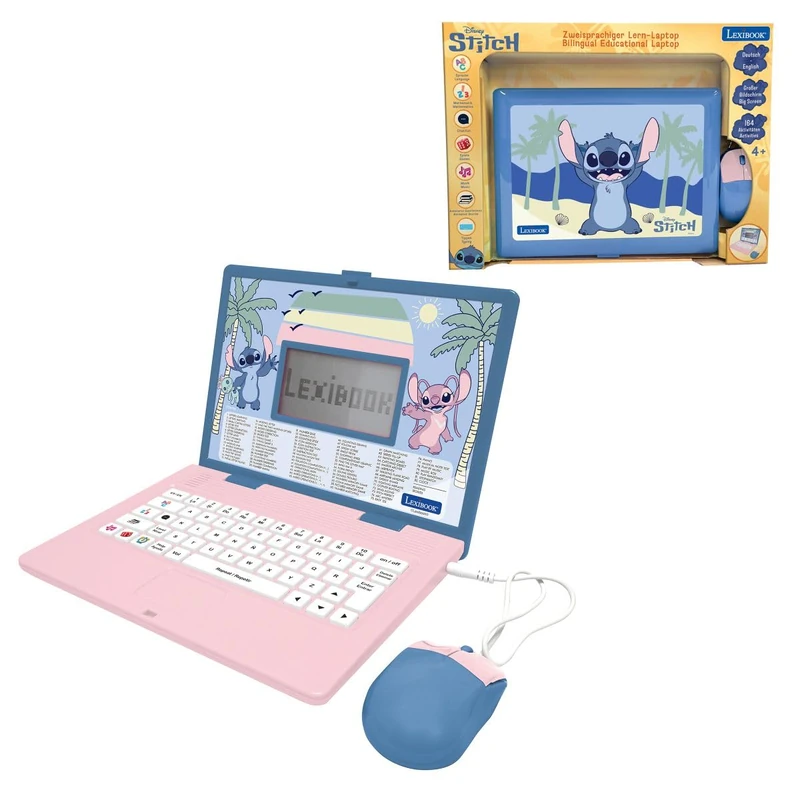 LEXIBOOK, Disney Stitch, Bilingual Educational Laptop, 164 Learning Activities, English and German, How to Read Learning Method, Educational Toy for Kids, Pink and Blue, JC601Di3LXB