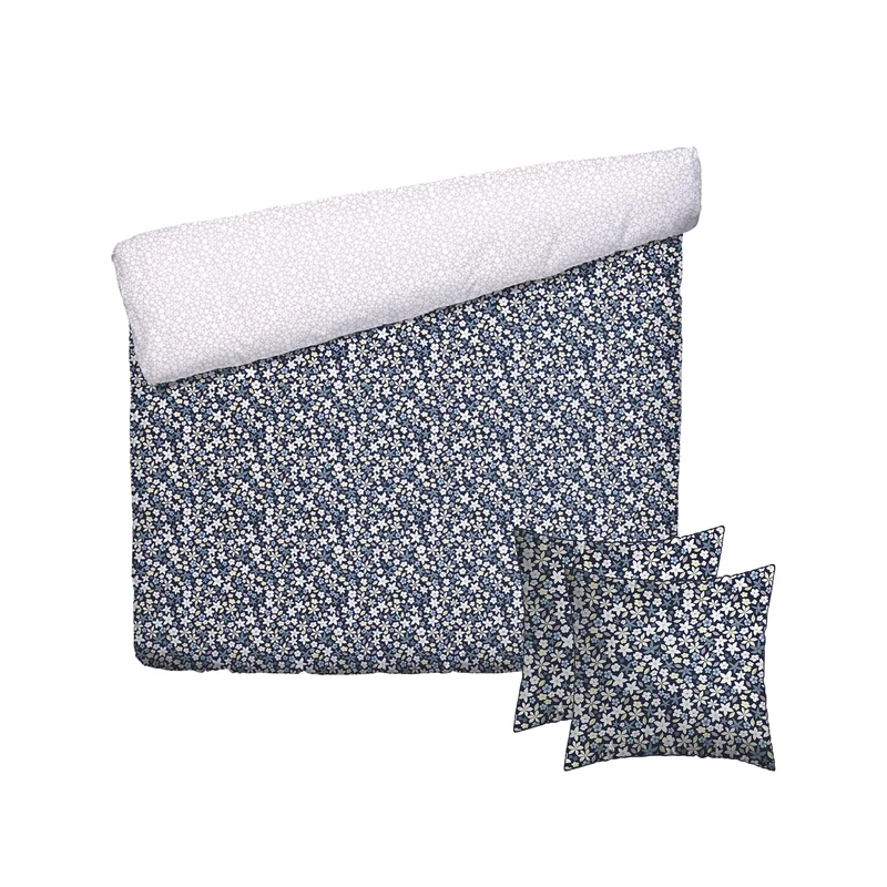 Pure Cotton 3-Piece Double Bedding Set - Duvet Cover 260 x 240 cm and 2 Pillowcases 63 x 63 cm - 100% Cotton Satin, 80 Thread Count - Oeko-TEX Certified - Floral Dawn - Blue