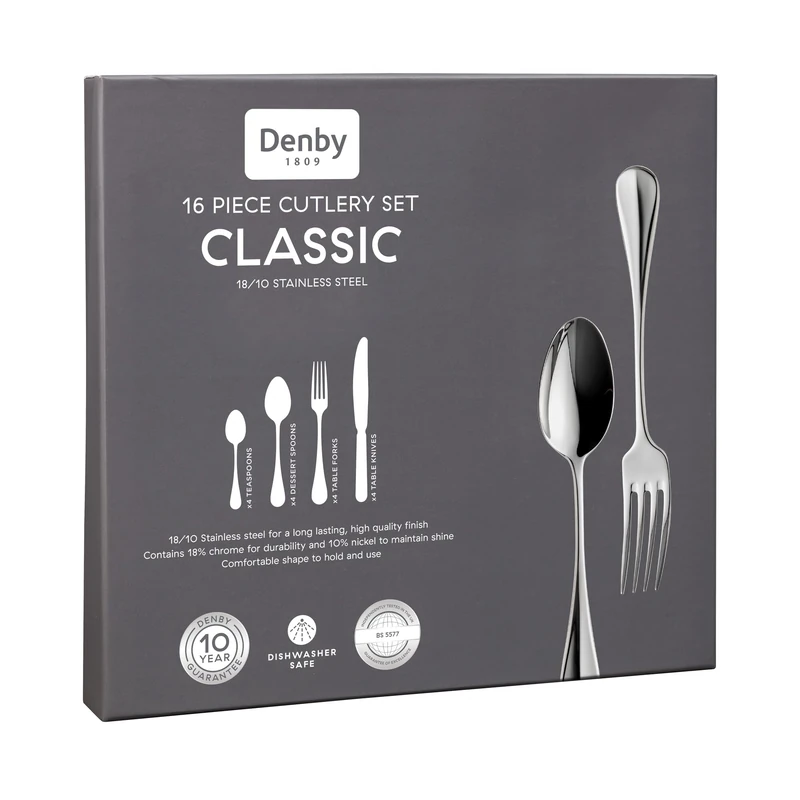 Denby Classic Cutlery Set - 16 Piece 18/10 Stainless Steel Flatware - Traditional Design with Mirror Finish - Dishwasher Safe Tableware - Knife, Fork & Spoon Set - Everyday Dining Set