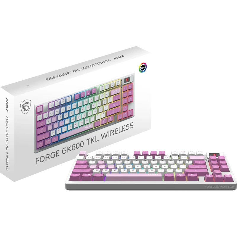MSI FORGE GK600 TKL WIRELESS VIOLET, QWERTY, UK Layout - MECHANICAL LINEAR SWITCHES - Dye-Sublimated PBT Keycaps, Anti-slip Base, RGB LED, USB 2.0, Bluetooth, 2.4 GHz - Tenkeyless
