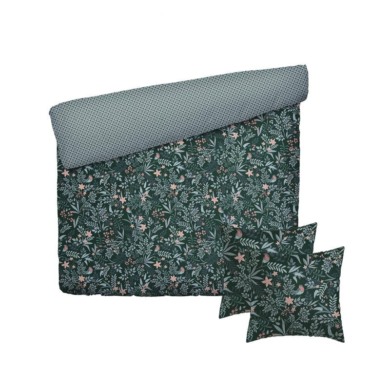 Pure Cotton 3-Piece Double Bedding Set - Duvet Cover 260 x 240 cm and 2 Pillowcases 63 x 63 cm - 100% Cotton Satin, 80 Thread Count - Oeko-TEX Certified - Hanging Garden - Green