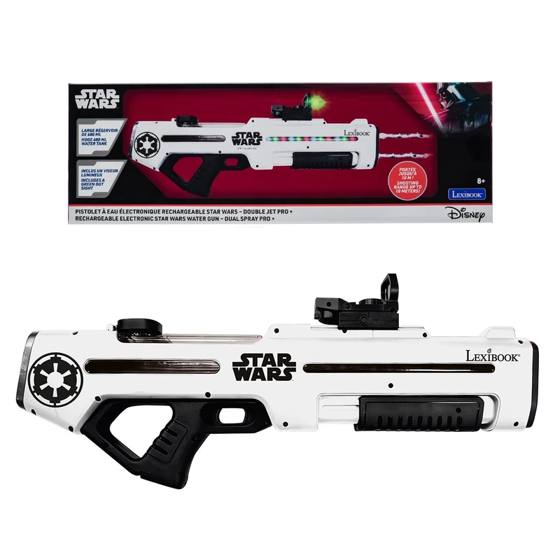 LEXIBOOK, Star Wars, Rechargeable Electronic Water Blaster, Light & Sound Effects, 680 ml Tank, Up to 10 m Range, 3 Modes, Green Dot Sight, Black/White, WG20SWLXB