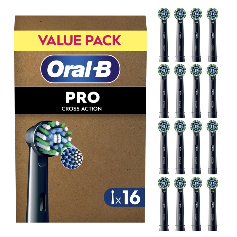 Oral-B Pro Cross Action Black Toothbrush Heads, Pack of 16 Counts, Suitable for Mailbox