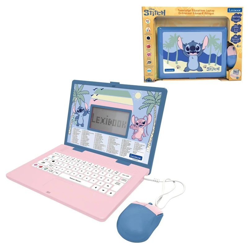 LEXIBOOK, Disney Stitch, Bilingual Educational Laptop, Spanish and English, 164 Activities, Maths, Logic Games, Music Mode, Large LCD Screen, Disney Stitch Design, Pink/Blue, JC601Di2LXB