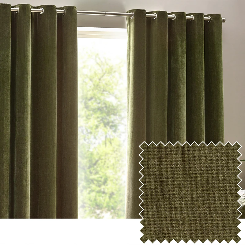 furn. Yard Heavy Chenille Blackout Eyelet Curtain Pair – Lined Light Blocking Soft Velvet Curtains (Olive - Width 117 x Drop 183cm)