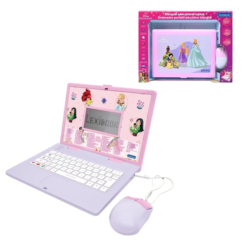 LEXIBOOK, Disney Princess, Bilingual Educational Laptop, 164 Learning Activities, English and Spanish, Educational Toy for Kids, Pink, JC601DPi2LXB