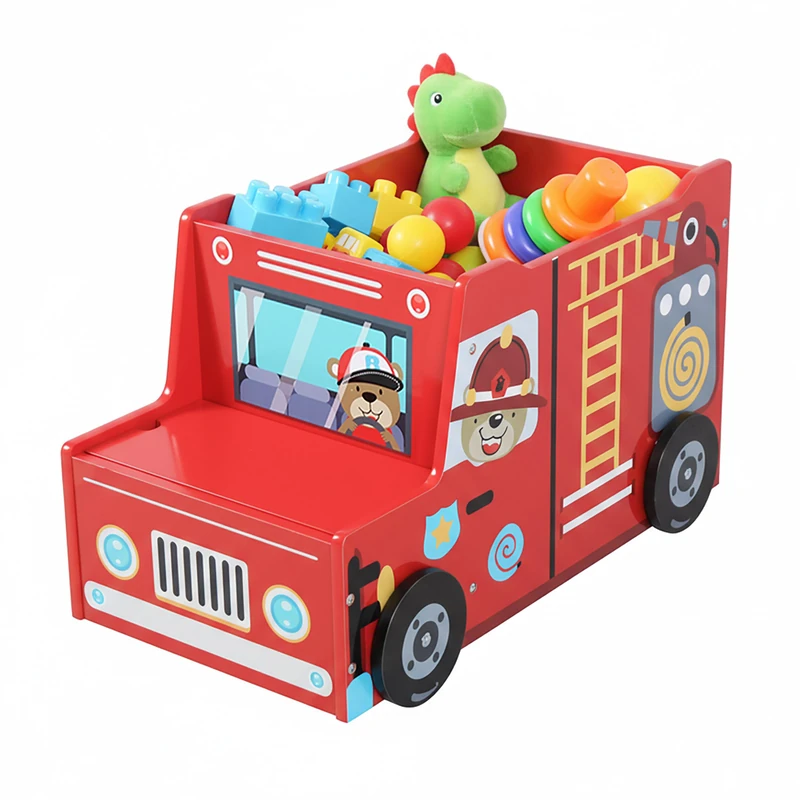 Relaxdays Fire Engine Toy Box for Children, Storage & Secret Compartment, MDF, Multicolor, 34 x 60 x 32 cm - Image 1