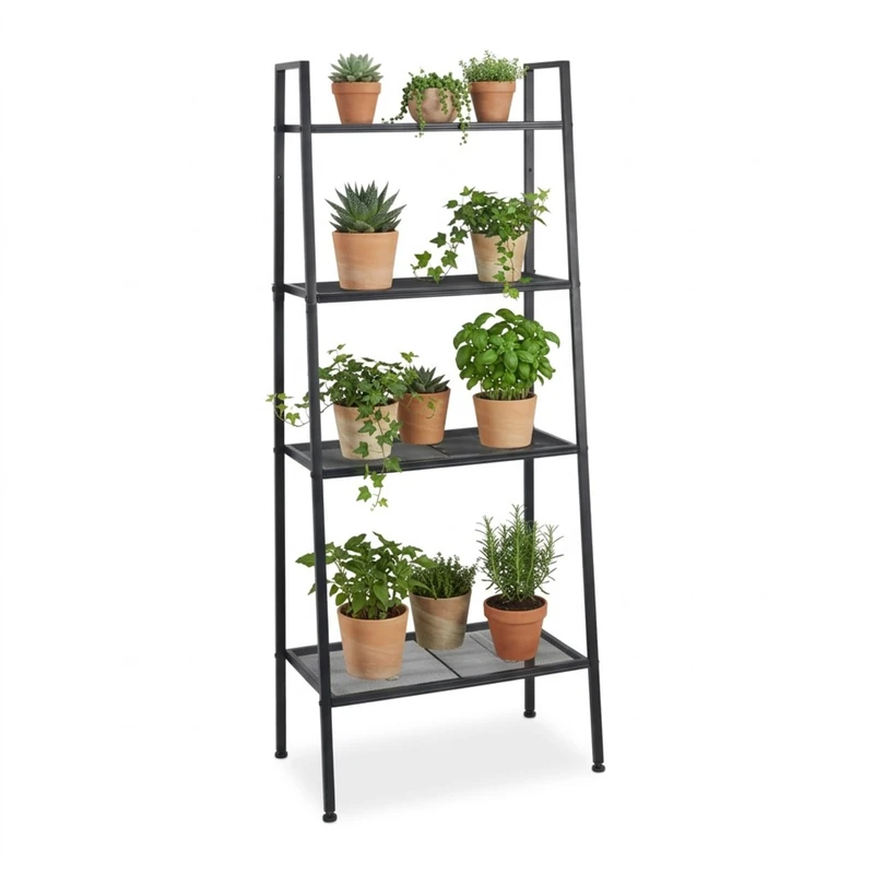 Relaxdays Ladder Shelf with 4 Metal Shelves, Freestanding, 148x60x35 cm, Black for Living Room, Kitchen, Hallway