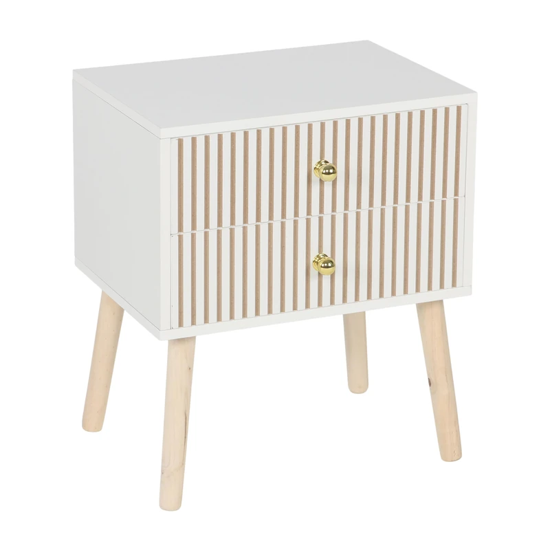 Relaxdays Bedside Table with 2 Drawers, Ribbed Front, Wood Look, 47x40x30 cm, White-Natural