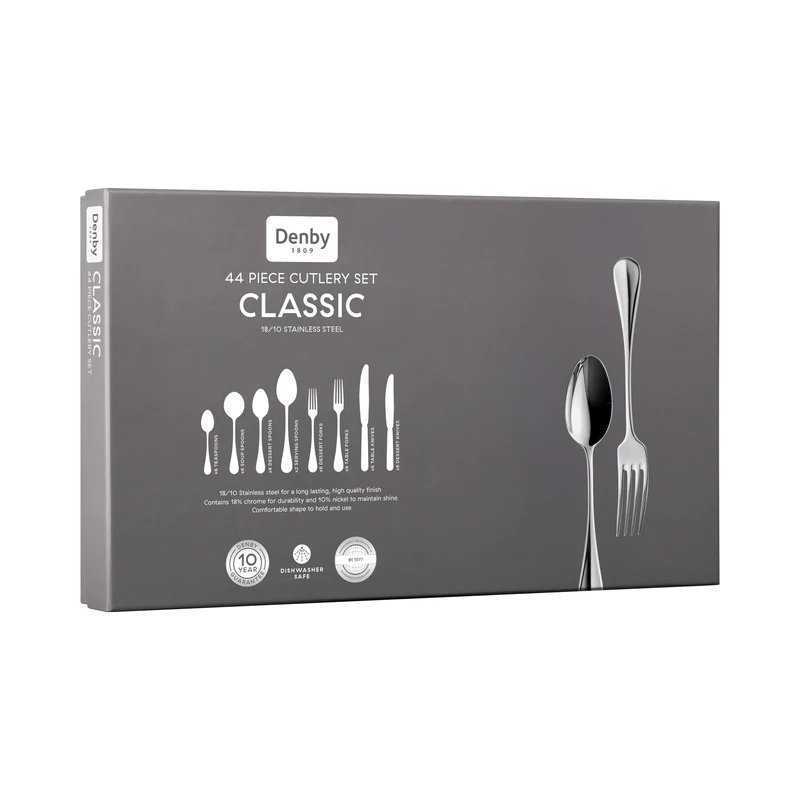 Denby Classic Cutlery Set - 44 Piece 18/10 Stainless Steel Flatware Set - Traditional Design with Mirror Finish - Dishwasher Safe Tableware - Knife, Fork & Spoon Set - Family Dining