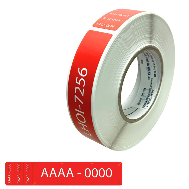Avery Red Tamper-Evident Security Labels with Serial Numbers, 30 x 148 mm, Removable, with 3 Tear-Off Number Labels for documents and Easy traceability, Roll of 400