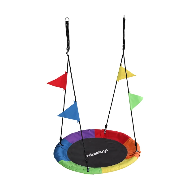 Relaxdays Round Hanging Nest Swing with Bunting, Adjustable, Outdoor, 100 cm Diameter, Max 100 kg, Colourful
