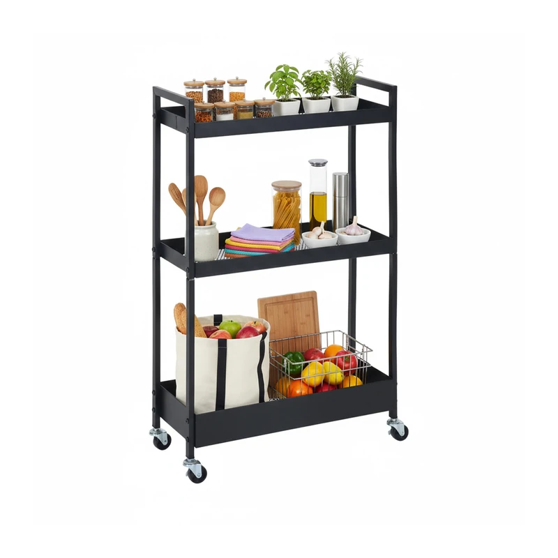 Relaxdays 3-Level Mesh Niche Trolley, Metal, Black, 85 x 20 x 50 cm for Bathroom & Kitchen