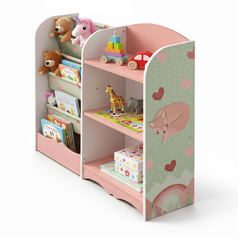 Relaxdays Children's Shelf with 4 Compartments and 3 Pockets, MDF, Pink/Green, 80x82x26 cm