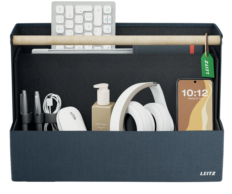 Leitz Fabric Portable Desk Organiser With Handle - Collapsible Hot Desk Organiser Bag With Four Compartments and Protective, Recycled Materials - 38 x 19 x 26cm, Dark Grey