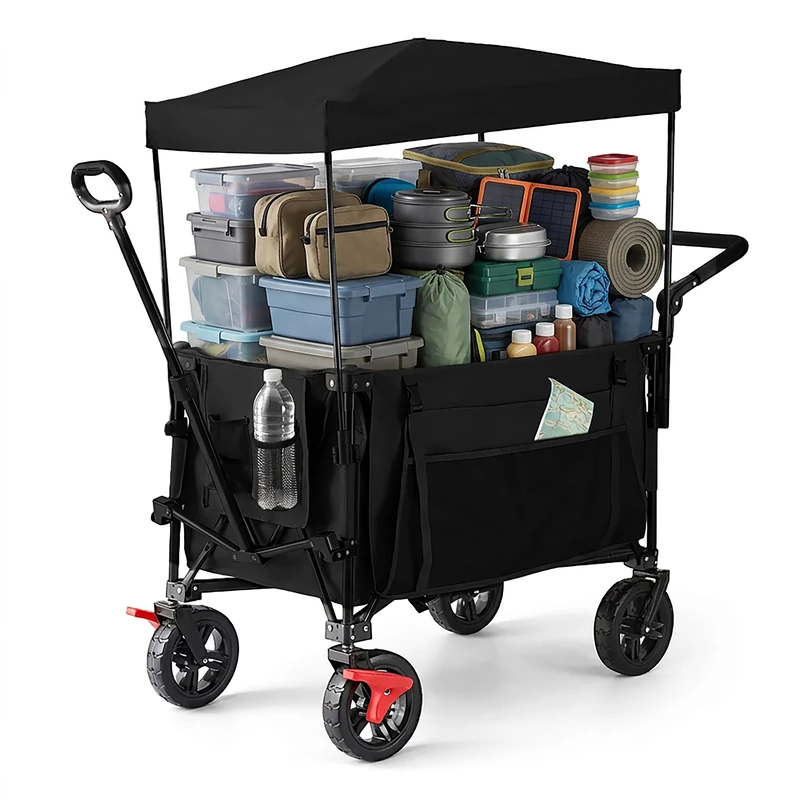 Relaxdays Folding Trolley with Canopy, Telescopic & Push Handle, 150kg, Brake Rubber Tires, 131x54x97cm, Black - Image 1
