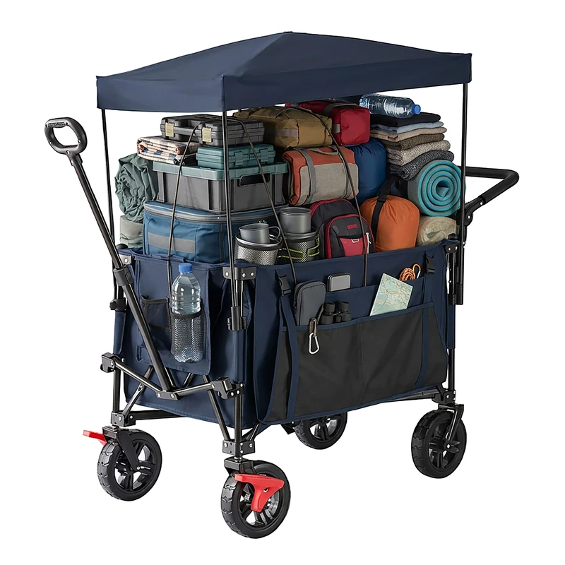 Relaxdays Folding Wagon with Canopy, Telescopic & Push Handle, Rubber Brakes, 150 kg Capacity, 131x54x97 cm, Blue
