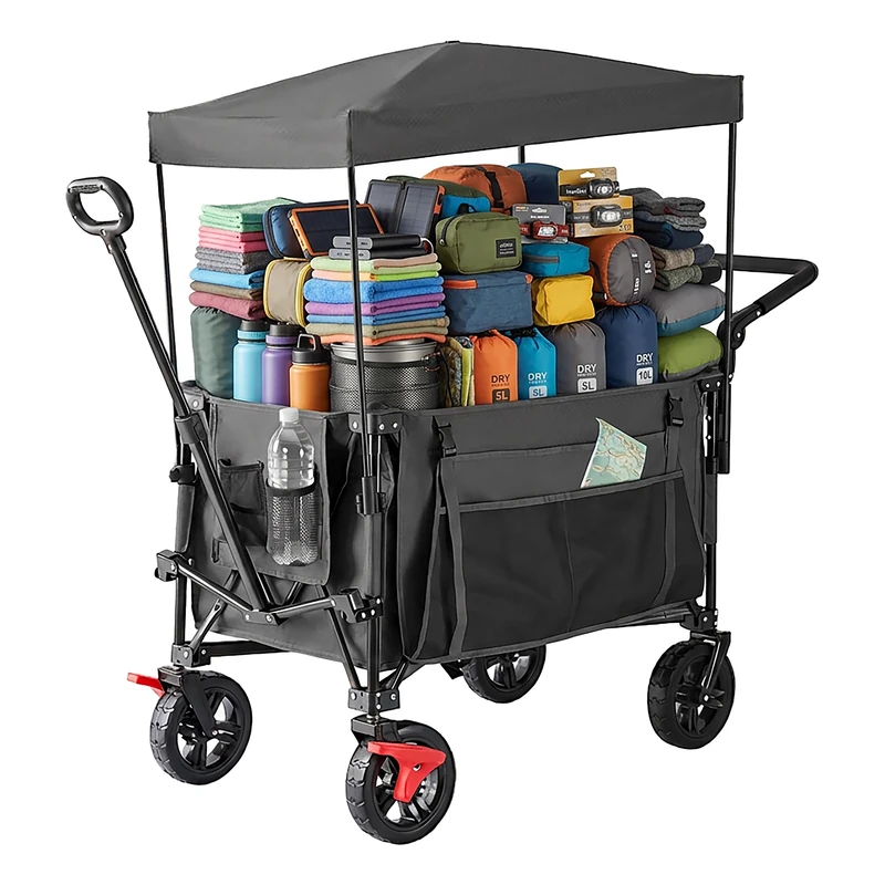 Relaxdays Folding Wagon with Removable Canopy, Telescopic & Push Handle, Rubber Brakes, 150 kg, 131x54x97 cm, Grey