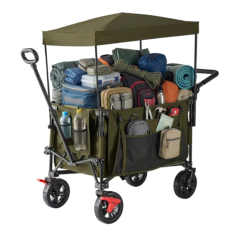 Relaxdays Folding Wagon with Canopy, Telescopic & Push Handle, Braked Rubber Tires, 150kg, 131x54x97cm, Green