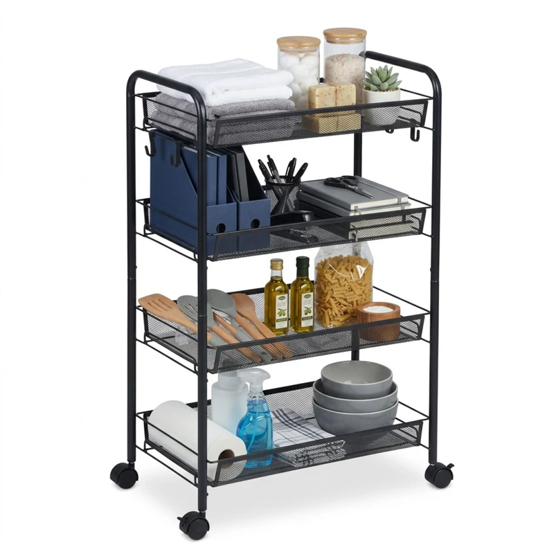 Relaxdays Rolling Trolley with 4 Mesh Shelves, Steel, Black, 84x44.5x26 cm for Kitchen, Bathroom & Office