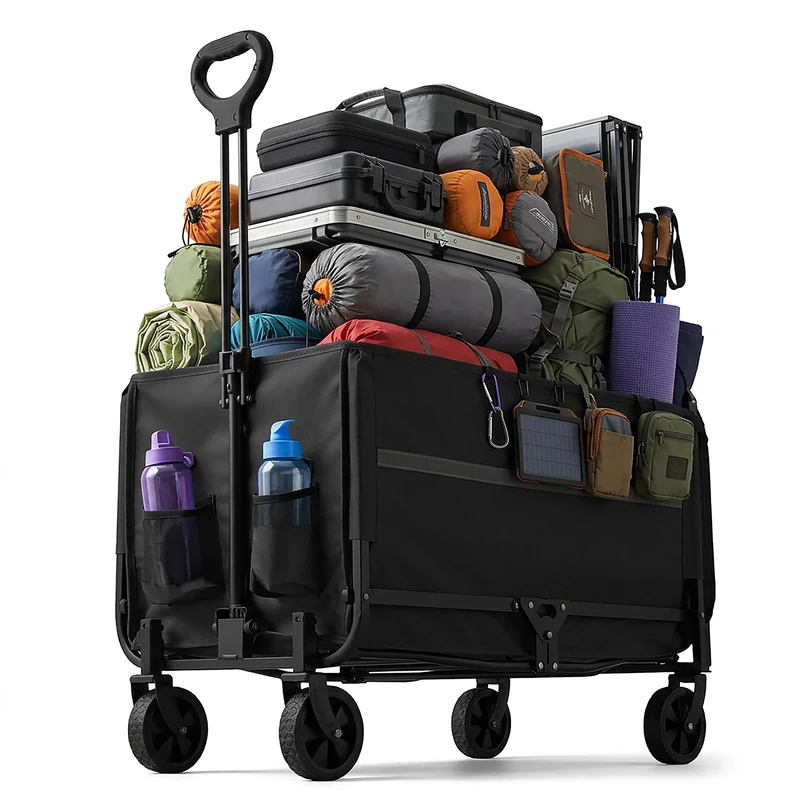 Relaxdays Folding Wagon with Telescopic Handle, Rain Cover, 150kg, 97x50x76cm, Black for Shopping & Camping