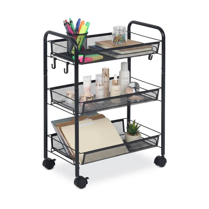 Relaxdays Metal Trolley with 3 Mesh Shelves, Kitchen & Bathroom Storage, 63x44.5x26 cm, Black