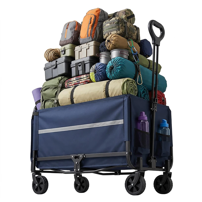 Relaxdays Folding Trolley 150kg, Telescopic Handle, Tailgate, Rain Cover, Shopping & Camping, Blue 97x50x76cm